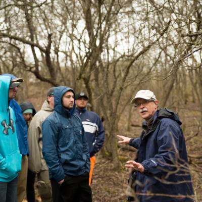 Professor and recreation students on a trail